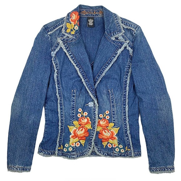 Jordache Jackets & Blazers - Vintage Jordache Floral Fringe-Trim Denim Jacket